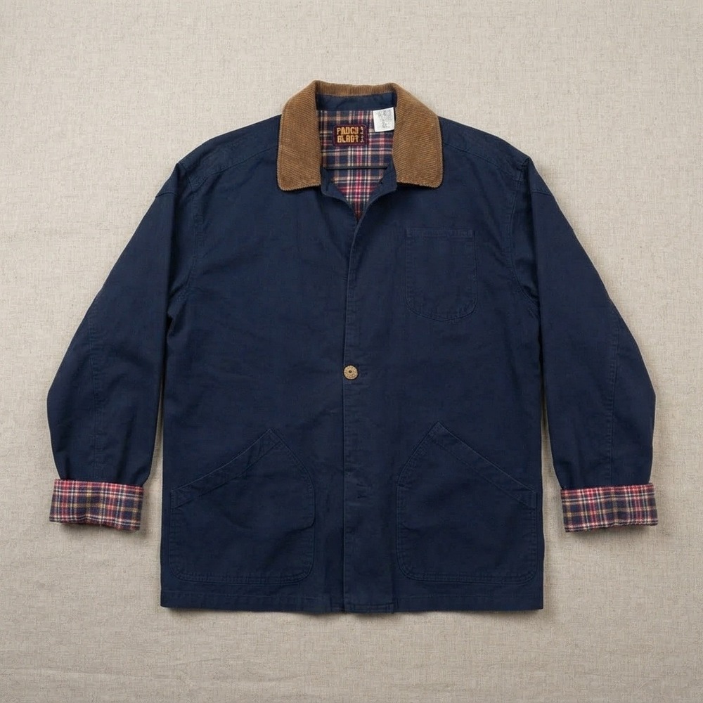 vtg Faded Glory Barn Jacket chore coat Cotton Plaid Lined Corduroy Collar Navy